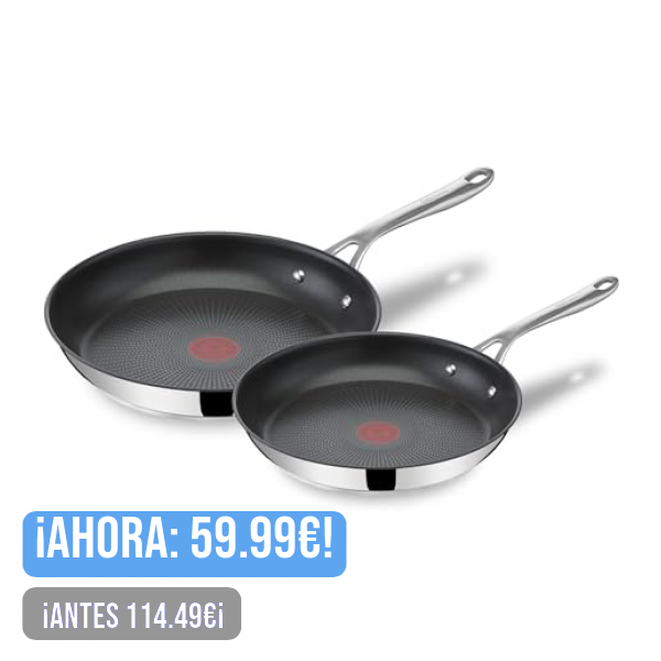 Tefal E304S244 Jamie Oliver, 2 Sartenes de acero inoxidable, Antiadherentes, Reforzadas con Titanio, Thermo-Signal, Libre PFOA, 24 y 28 cm