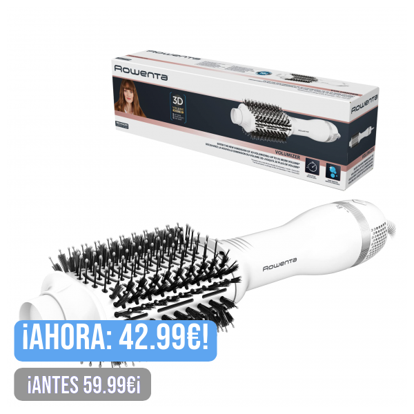 Rowenta CF6130 Volumizer Cepillo secador, Moldea, Diseño ovalado, Cuádruple emisor de iones, Reduce encrespamiento, Cabello con volumen, Blanco