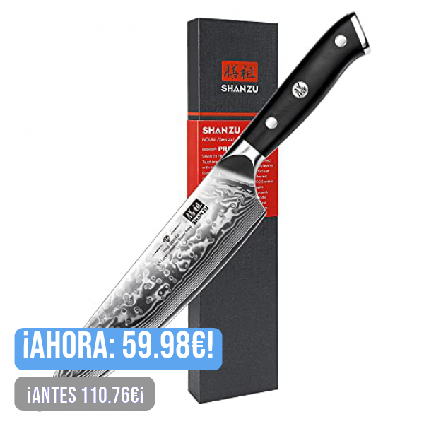 SHAN ZU Cuchillo de Cocina Damasco, 20cm Cuchillo Chef Japones de Acero Damasco de 67 Capas, Mango de Material G10, Cuchillo de Cocinero Profesional para Cortar Verdura, Fruta, Carne - PRO Series