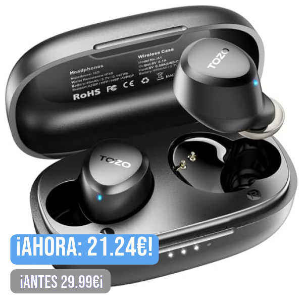 TOZO A1 Mini Auriculares Inalambricos Bluetooth, Auriculares Bluetooth 5.3 Micrófono Incorporado, IPX5 Resistente al Agua, Sonido Inmersivo, Conexión a Larga Distancia con Estuche de Carga Negro