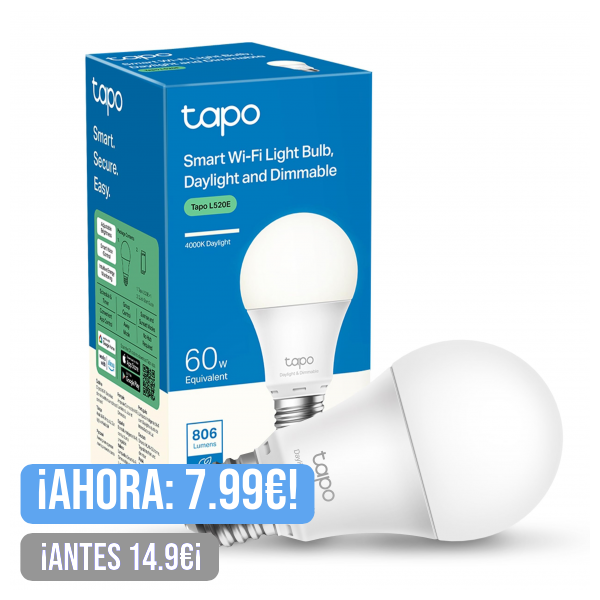 TP-Link TAPO L520E - Bombilla LED Inteligente, Bombilla WiFi sin necesidad de Hub, Blanco Neutro 4000K, Regulable,E27, 8.7W/ 806lm, Compatible Alexa, Echo y Google Home