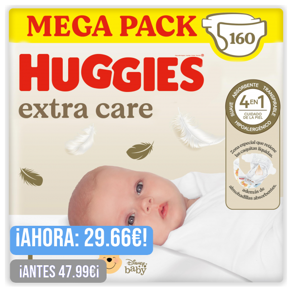 Huggies Extra Care Pañales para Recién Nacido con diseños Disney Talla 1 (2-5 kg)160 pañales, con almohadillas suaves y 2 zonas absorbentes