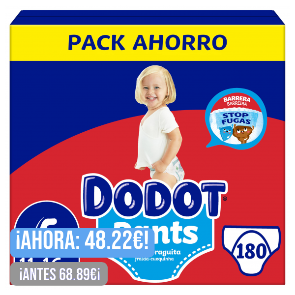 Dodot Bebé Pants Pañales, Talla 5, 12-17 kg, 180 Pañales, Pañal-Braguita con Ajuste 360° Anti-Fugas, Pack Mensual