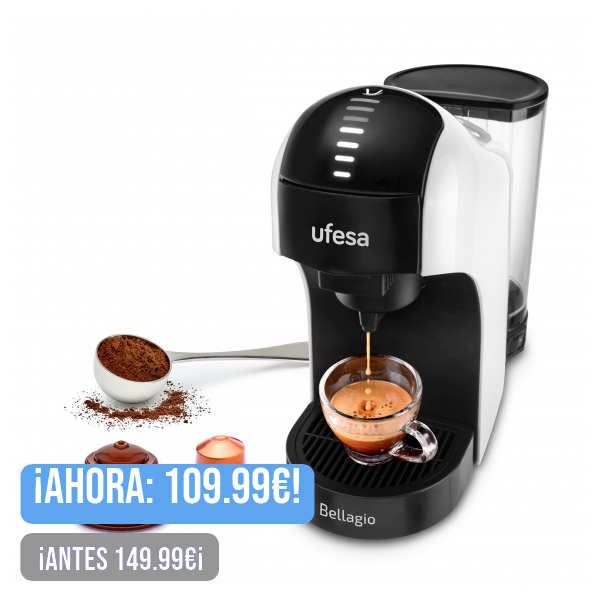 Ufesa Bellagio Cafetera Espresso Multicápsulas 3 en 1 para Nespresso, Dolce Gusto o Café Molido, Panel Táctil Digital con 7 Niveles, Depósito 1L, 1400W, 15 Bares, Apagado Automático