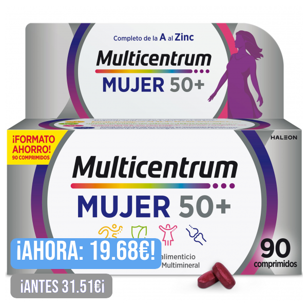 Multicentrum Mujer 50+ Complemento Alimenticio Multivitamínico y Multimineral para Mujeres 50+, Con Vitamina C y Zinc; Postmenopausia, Sin Gluten, 90 Comprimidos