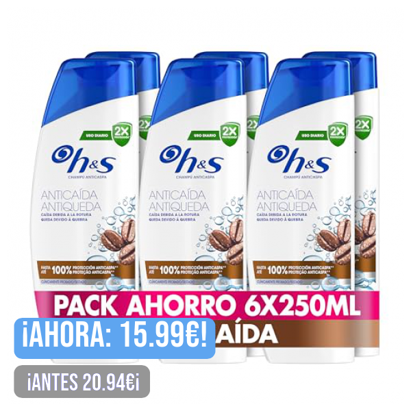 H&S Champú Anticaspa Anticaída para Hombre 250ml Uso Diario. Con Cafeína. Hasta 100% de Protección Anticaspa, Clínicamente Probado. Para Todo Tipo de Pelo y Cuero Cabelludo, New Version