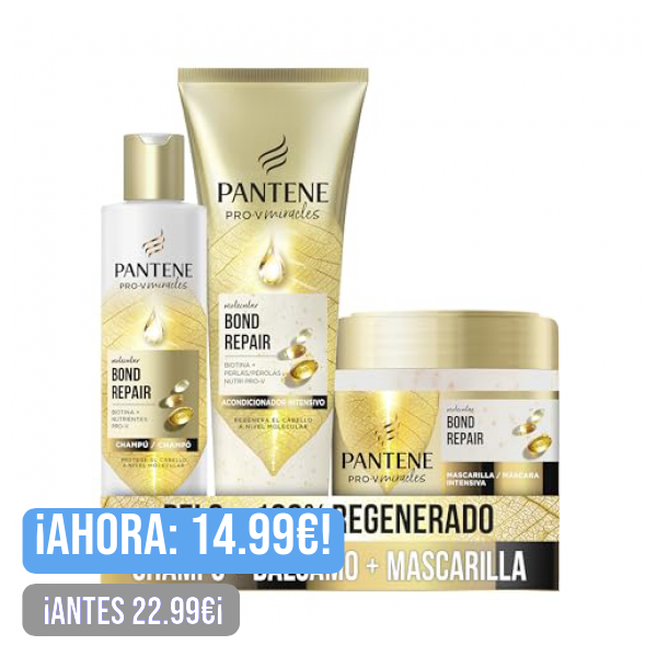 Pantene Molecular Bond Repair Con Biotina Champú 250ml Fórmula Pro-V + Mascarilla Intensiva 300ml Y Acondicionador 150ml Para Pelo Dañado Y Seco