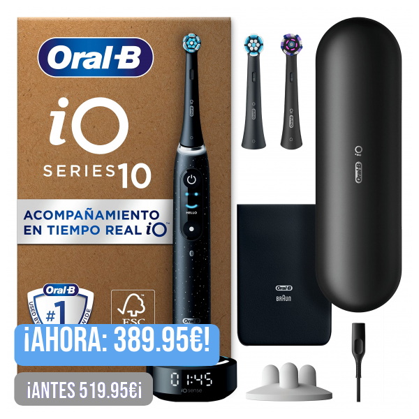 Oral-B iO 10 Cepillo de Dientes Eléctrico con Mango Recargable, 3 Cabezales de Recambio y Estuche de Viaje con Cargador, Diseñado por Braun, Regalos Originales para Mujer y Hombre - Negro