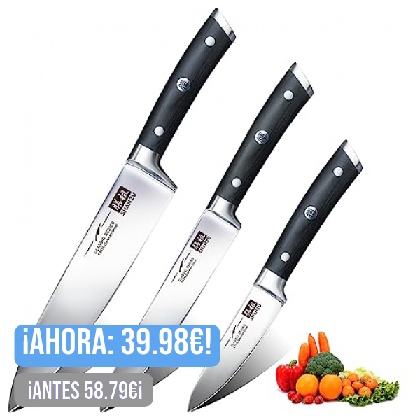 SHAN ZU Juego de 3 Piezas de Cuchillos de Cocina, Cuchillo de Chef 20cm de Acero Inoxidable Alemán, Cuchillo Universal 15cm, Cuchillo Puntilla para Pelar 9,5cm, Cuchillos para Fruta y Verdura, Carne