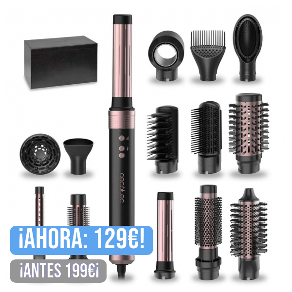 Cecotec Cepillo de Aire Caliente Secador Moldeador Alisador - 14 Cabezales - Tecnología Coanda CeramicCare 14in1 AirGlam Black. 1400W, Motor Digital, Elimina el Frizz, 3 Temperaturas