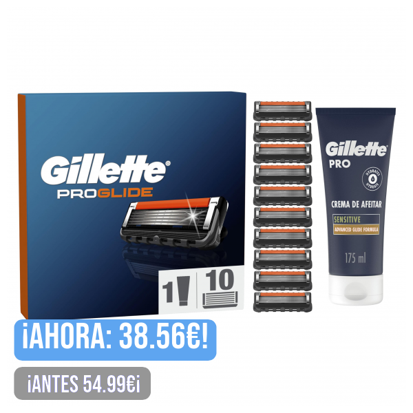 Gillette ProGlide Recambios Para Hombre, 10 Recambios + Gillette PRO Piel Sensible Crema De Afeitar 175 ml, cuchillas de afeitar, Máquinilla de afeitar hombre