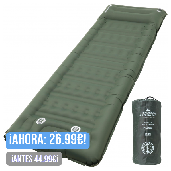 TRINORDIC Colchon Hinchable Grueso Camping - 12 cm Extra Grueso y Ancho con Bomba de Pie y Almohada - Esterilla de Camping Ligera para Viajes de Aventura al Aire Libre, Senderismo y Bikepacking