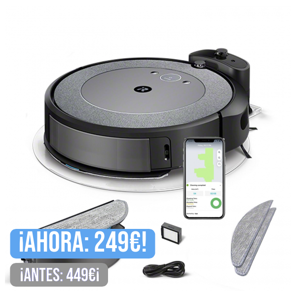 iRobot Roomba Combo i5 Robot Aspirador y friegasuelos 2en1 con depósito Mixto - Cepillos Goma y sensores de Suciedad - Ideal Mascotas -Limpia por habitación -Recarga y reanuda -Control por Voz y App