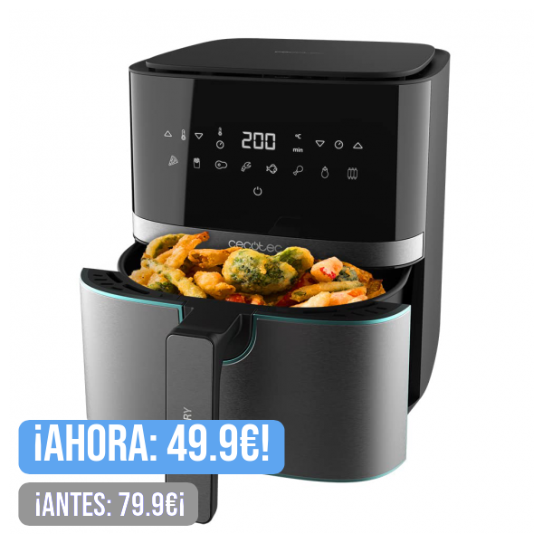 Cecotec Freidora sin Aceite de 5,5 L de Aire Caliente Cecofry Full InoxBlack 5500 Pro. 1700 W, Dietética y Digital, Panel Táctil, Acabados en Acero Inox, Tecnología PerfectCook, Termostato, 8 Modos