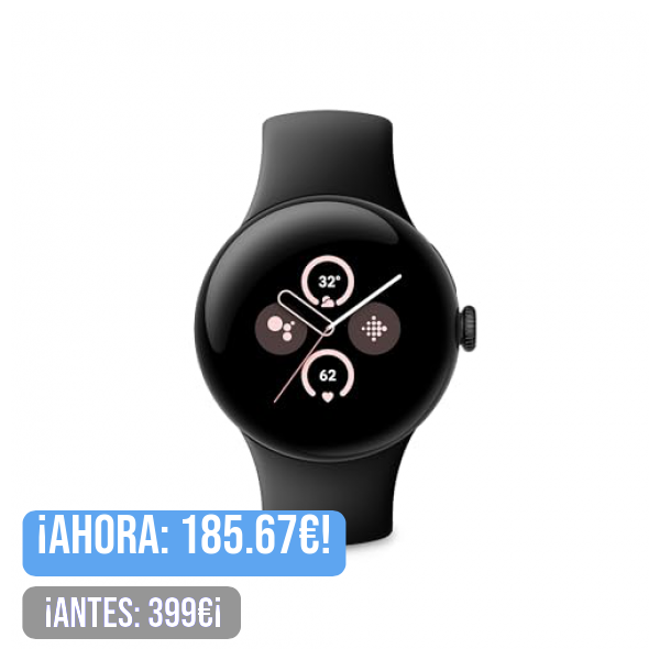 Google Pixel Watch 2 con Fitbit y Google - Control de frecuencia cardiaca, gestión del estrés y seguridad - Smartwatch Android - Caja de aluminio en negro mate - Correa deportiva en obsidiana - Wi-Fi