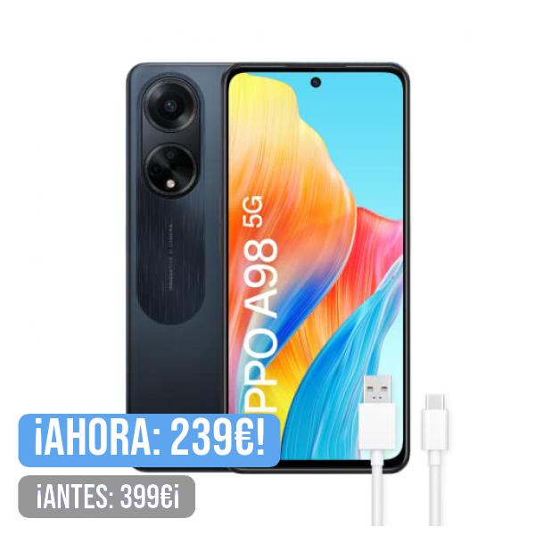 OPPO A98 5G – Smartphone Libre, 8GB+256GB, Pantalla 6,7”, Cámara 64+2+32MP, Cámara Microscopio, Android, Batería 5000mAh, Carga Rápida 67W - Negro