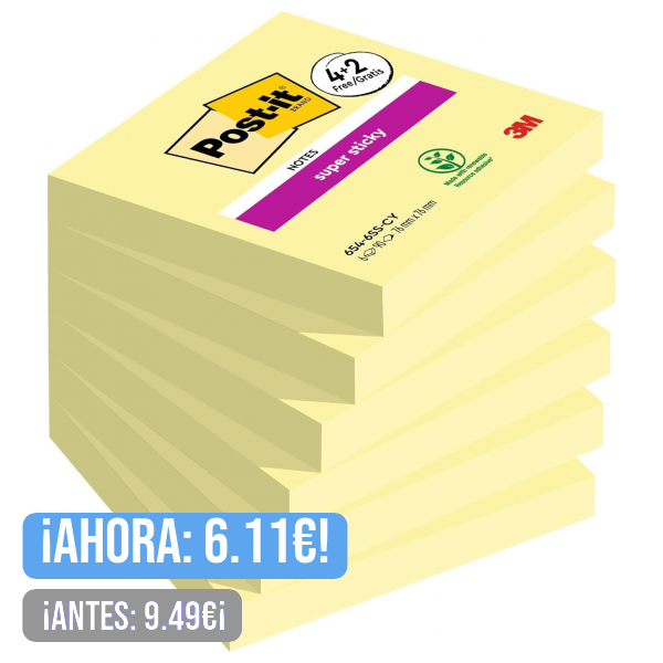 Post-it Super Sticky Notas, Canary Yellow, 76 mm x 76 mm, 90 hojas/bloc, 4 blocs/paquete + 2 GRATIS - Notas Extra Adhesivas para Listas de Tareas y Recordatorios