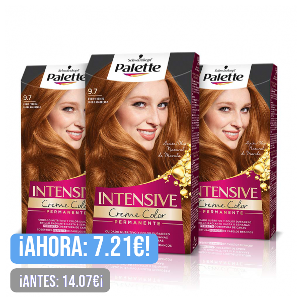 PALETTE Intensive Creme Color 9-7 Rubio Cobrizo, tinte de pelo permanente con aceite de macadamia y almendras, cubre el 100% de las canas y raíces, para un color radiante