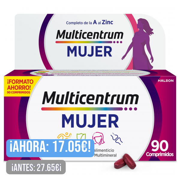 Multicentrum Mujer Complemento Alimenticio Multivitaminas con 13 Vitaminas y 11 Minerales, Sin Gluten, 90 Comprimidos