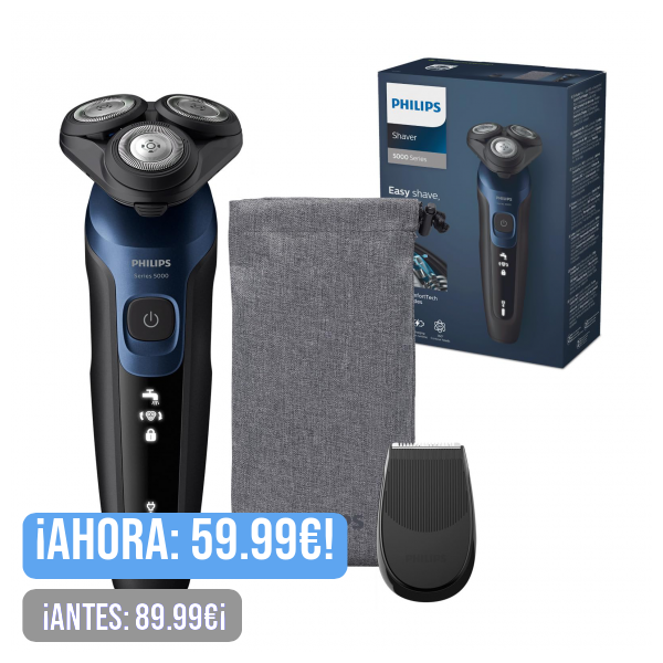 Philips Serie 5000 Afeitadora Eléctrica Hombre, Máquina de Afeitar Barba con recortadora, 27 cuchillas, Cabezal flexible 360º, 50min de uso, En Seco y Húmedo, Recargable, Funda, S5465/18, Azul Metal