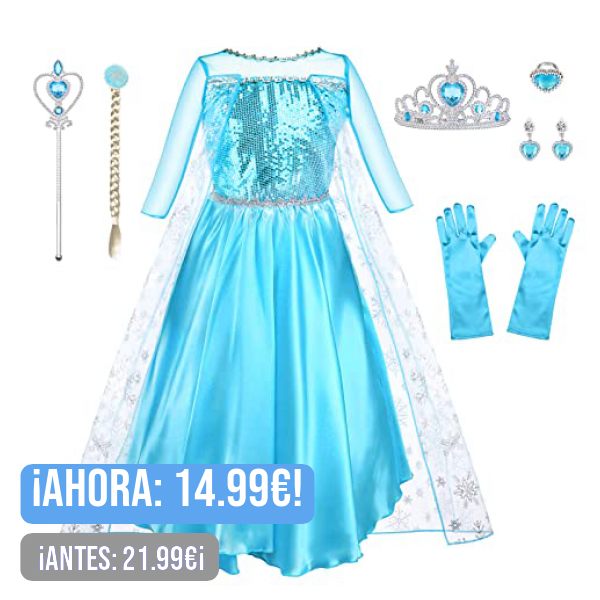 URAQT Vestidos Princesa Niña, Disfraz Princesa con Accesorios de Cosplay, Vestido Princesa con Capa de Copos de Nieve Brillantes, Disfraz Niña para Halloween Cosplay Cumpleaños Carnaval, 120cm