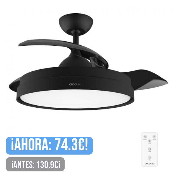 Cecotec Ventilador de Techo con Aspas Retráctites y Lámpara EnergySilence Aero 4280 Invisible Black. 40 W, Diámetro 42