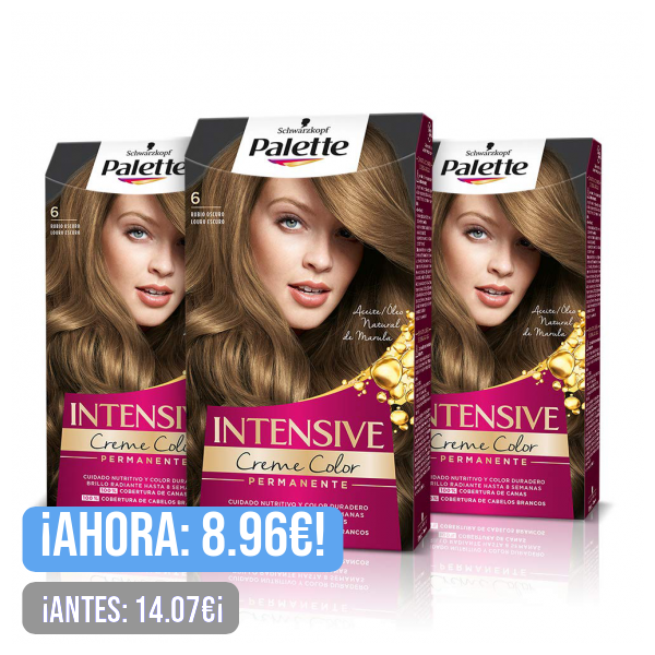 PALETTE Intensive Creme Color 6-0 Rubio Oscuro, tinte de pelo permanente con aceite de macadamia y almendras, cubre el 100% de las canas y raíces, para un color radiante