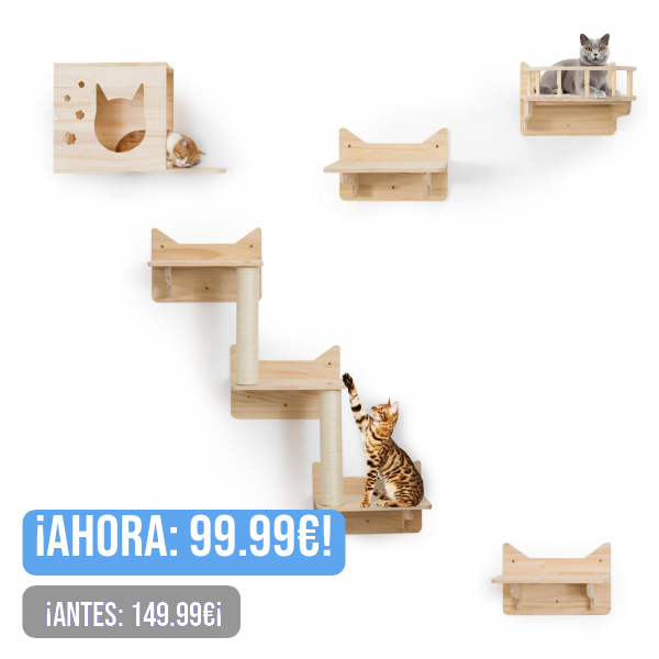 MIUZMORE Pino Gatos Pared, Juego de 5 estantes de Pared para Gatos, Rascador para Gatos con 3 Escalera para Gatos, Percha para Gatos, Casa para Gatos - Estanterías para Gatos