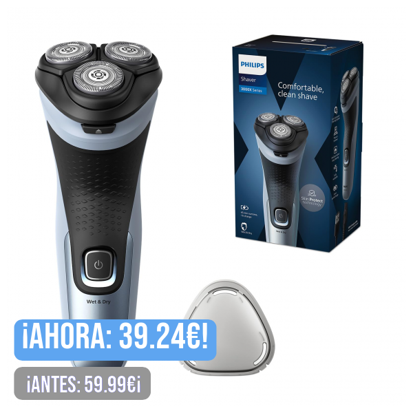 Philips Serie X3000 Afeitadora Eléctrica Hombre, Máquina de Afeitar Barba con Cortapatillas, 27 cuchillas, Cuida la piel, 45min de uso, En Seco y Húmedo, Recargable, X3053/00, Azul