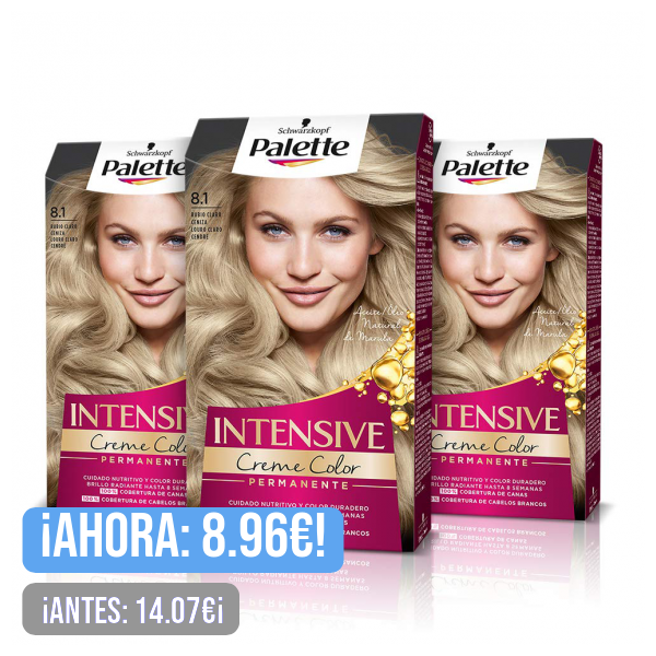 PALETTE Intensive Creme Color 8-1 Rubio Claro Ceniza, tinte permanente con aceite de macadamia y almendras, cubre el 100% de las canas y raíces, para un pelo radiante