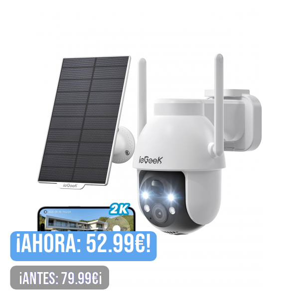 ieGeek 3MP Camara Vigilancia WiFi Exterior Solar con Bateria Sin Cables, Camara Vigilancia Exterior Solar Visión Nocturna Color, PTZ 360° App Remoto, Humana Detección, IP65, Voz Bidireccional