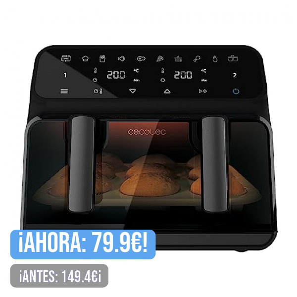 Cecotec Freidora sin Aceite Digital de 9 Litros Cecofry Advance 9000 Window. 2200 W, Dietética, Pared Divisoria Móvil, Temperatura dual de 80-200ºC, Ventana y Tecnología PerfectCook