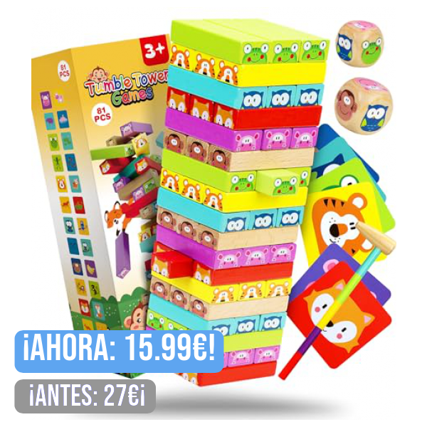 COOJOMMY Torre de Bloques de Madera Juguetes Niños 3 Años | Juegos Apilables Educativos para Niños Niñas de 3 a 7 Años | Juegos de Mesa Adultos para Fiesta Cumpleaños Navidad