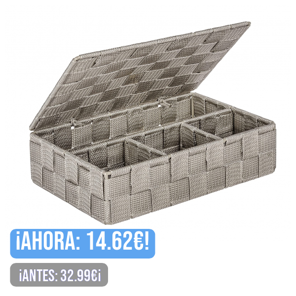 Wenko Organizador para el baño Adria pequeño con Tapa, Caja de Almacenamiento de Tejido de Material plástico (PP), con 4 Compartimentos, Medidas: 26 x 7,5 x 17 cm, Color: Gris Pardo