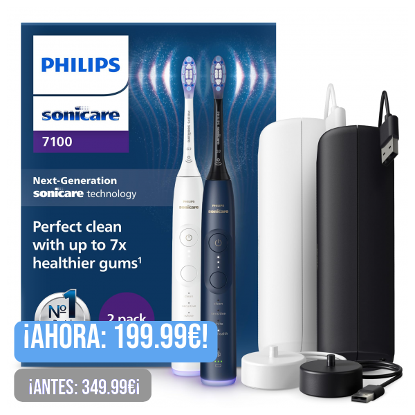 Philips Sonicare 7100 cepillo dental eléctrico, cepillo dental sónico con 4 modos de cepillado y 3 niveles de intensidad, alerta de presión, EasyStart, blanco y azul marino, paquete de 2, HX7429/01