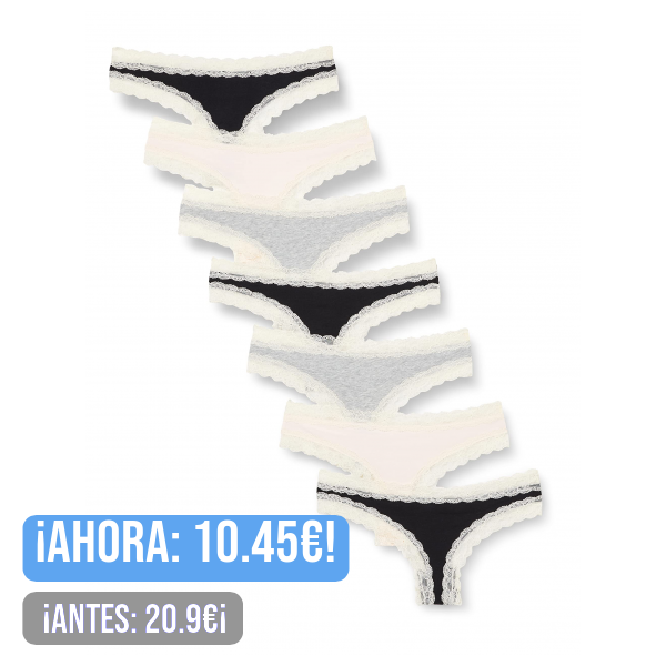 IRIS & LILLY Tanga de Tira en Algodón y Encaje Mujer, Pack de 7