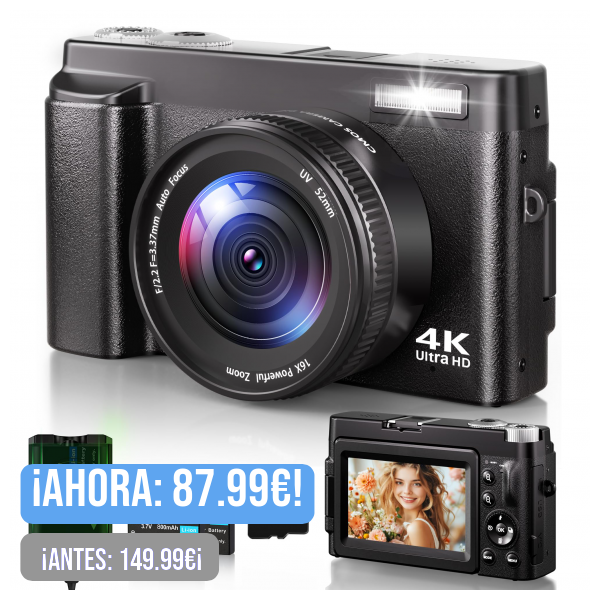 Cámara Digital 4K, Cámara de Fotos con Enfoque Automático de 48MP 16X Zoom, LCD Vlog Compacta Fotográfica HD con Estación de Carga, Baterías 2 * 800 mAh, Tarjeta de 32GB para Principiantes, Niños