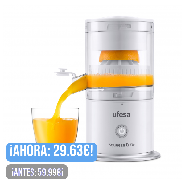 Ufesa Squeeze & Go White, Exprimidor Inalámbrico Eléctrico Recargable, Portátil, Extractor de Nutrientes para Frutas Multifuncional, Carga USB, 220ml de Capacidad, Sin BPA