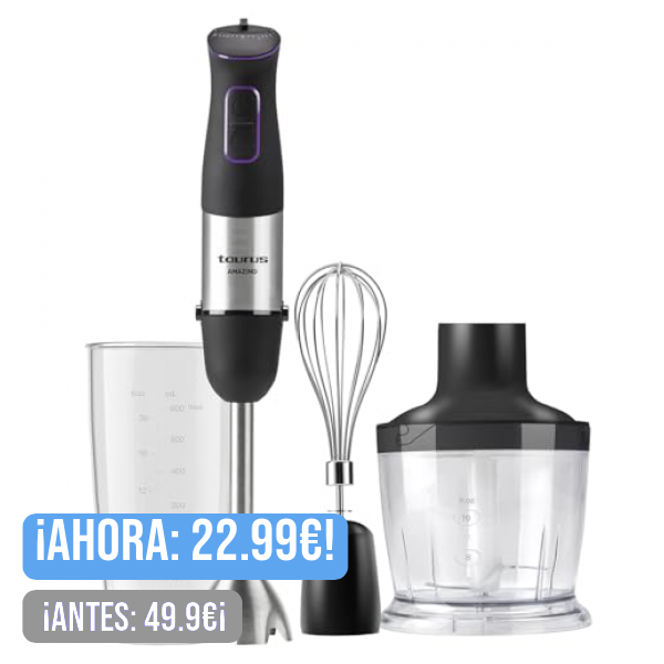 Taurus Amazing - Batidora de mano AHBA1000X 1000W, 20 velocidades y función Turbo, 4 Cuchillas de acero inoxidable, Diseño ergonómico, soft-touch, Campana anti salpicaduras, Set accesorios