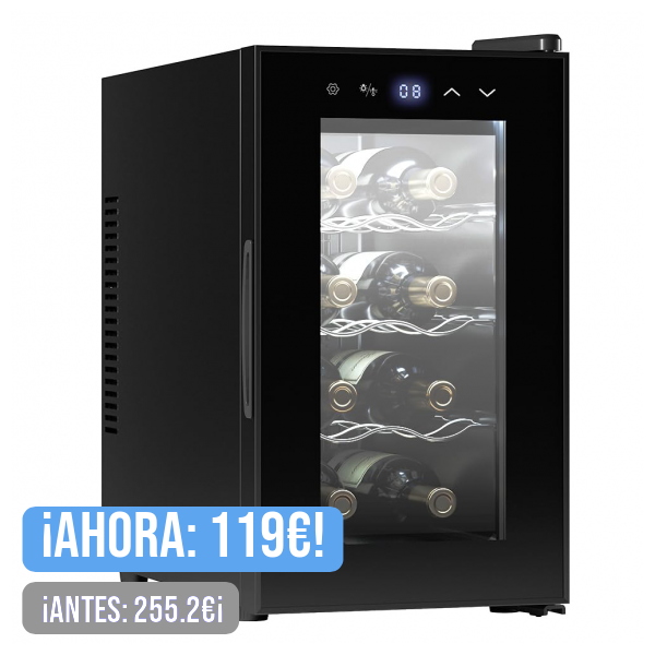 Cecotec Vinoteca 8 Botellas Bolero Grandsommelier 830 coolcrystal, Enfriamiento termoeléctrico, Temperatura regulable entre 8-18ºC, Control táctil y display, LED interior, Gas no nocivo.