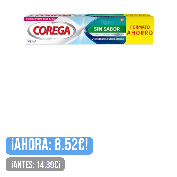 Corega Sin Sabor, Crema Fijadora Para Prótesis Dentales, Fijación Fuerte Todo el Día, Sin Zinc, 70 g