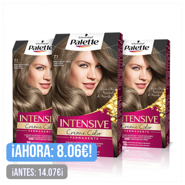 PALETTE Intensive Creme Color 7-1 Rubio Medio Ceniza, tinte permanente con aceite de macadamia y almendras, cubre el 100% de las canas y raíces, para un pelo radiante