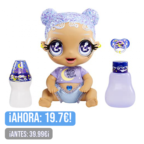 Glitter Babyz, MGA'S Selena Stargazer, Muñeca con 3 Cambios de Color, Traje de Luna y Estrella, Pañal, Biberón y Accesorios, Edad a Partir de 3 años, Selena Stargazer