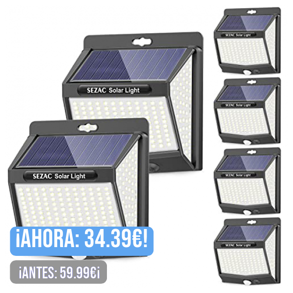 SEZAC Luz Solar Exterior [6 Paquete/3 Modes] 270° Súper Brillante Focos Led Exterior Solares con Sensor de Movimiento, IP65 Luces Solares Led Exterior Jardin para Garajes, Caminos, Puertas Delanteras