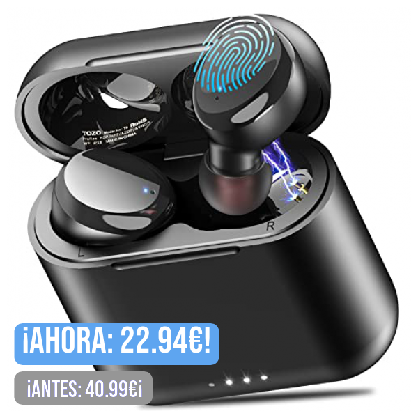 TOZO T6 Auriculares Inalámbricos, Auriculares Bluetooth 5.3 Control Táctil IPX8 Impermeable con Mics, 45H de Reproducción, Carga inalambrica, Cascos Inalámbricos Bluetooth Graves Profundos, Negro