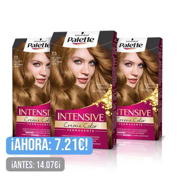 PALETTE Intensive Creme Color 7-5 Rubio Dorado Caramelo, tinte permanente con aceite de macadamia y almendras, cubre el 100% de las canas y raíces, para un pelo radiante