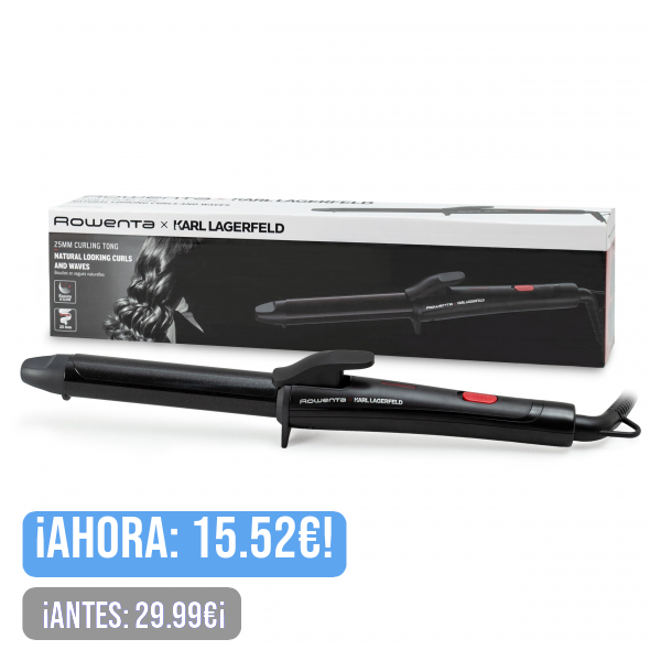 Rowenta Tenacilla Karl Lagerfeld Redonda CF321L - Rizador de pelo profesional, rizos y ondas de 25 mm, forma cónica, revestimiento Keratin & Glow, control temperatura hasta 200 º, color negro/rojo